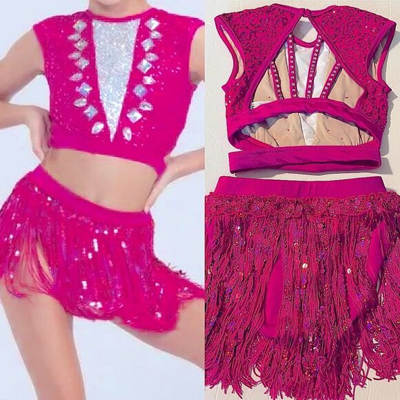 Weissman solo custom dance costume 2 piece hot pink fringe Go Get It 14590 SC 6 - Picture 1 of 15